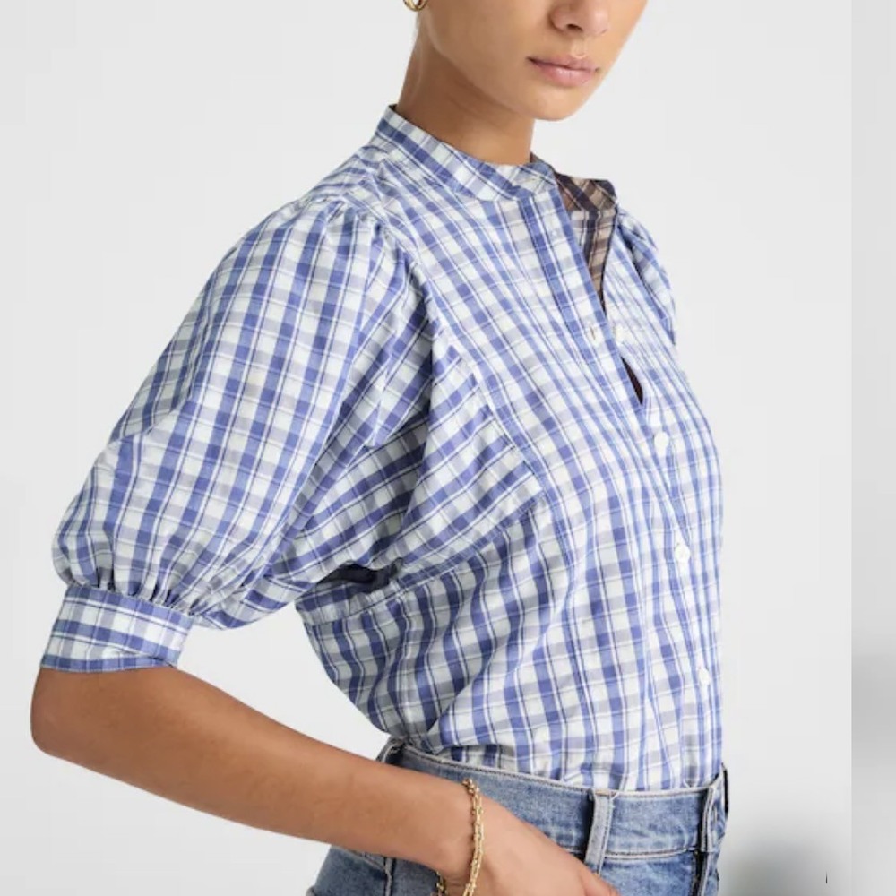 NWT Madewell Puff Sleeve Band Collar Cotton Blue Plaid Shirt Womens Size 12